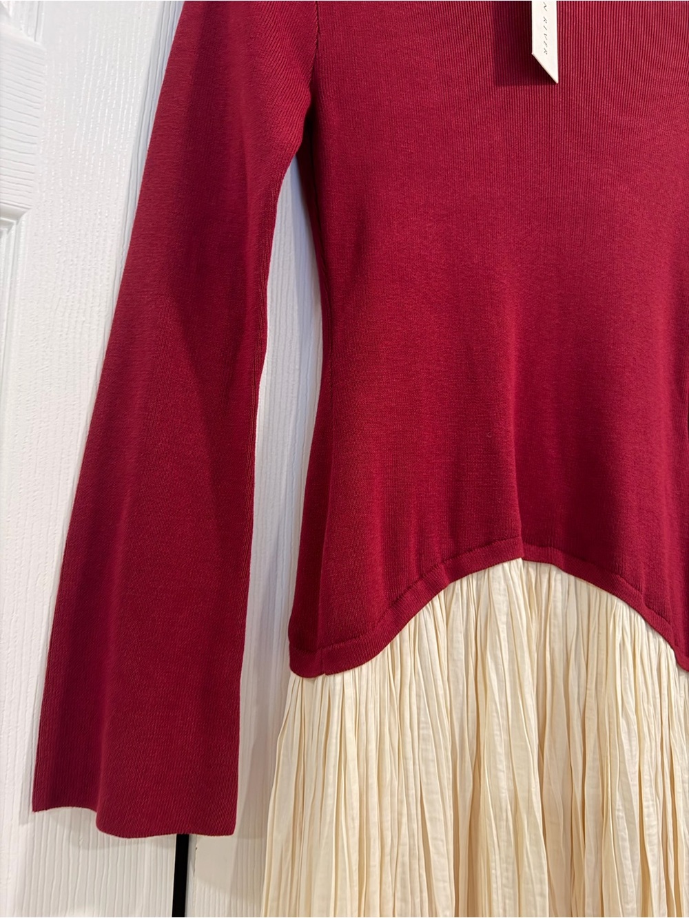 Gorgeous Tuckernuck x Moon River Burgundy and Cream Shirred Mock Neck Dress - Picture 4 of 5